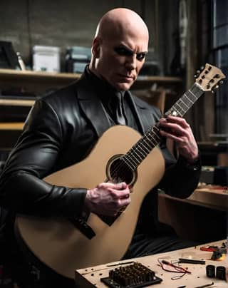 a bald man playing an acoustic guitar