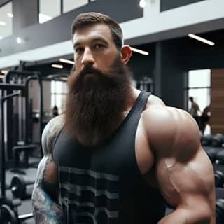 with a beard and a tattoo in the gym