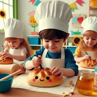 children in chef hats making bread