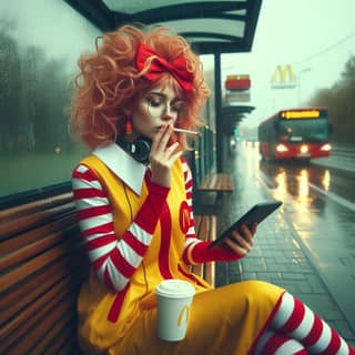 in a mcdonalds uniform is sitting on a bench smoking a cigarette