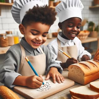 two children in chef hats are making bread