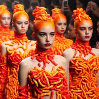 a group of models wearing orange and yellow hair