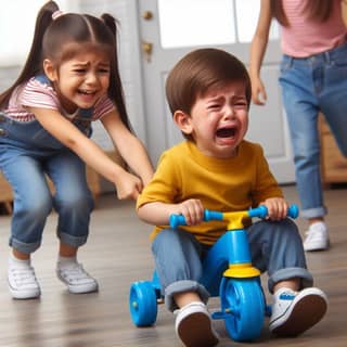 a little girl and boy playing with a toy tricycle