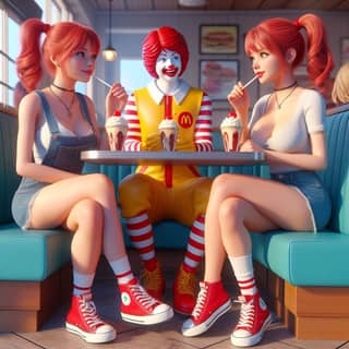 three girls sitting at a table with a clown