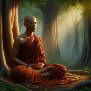 a buddhist monk sits in the middle of a forest