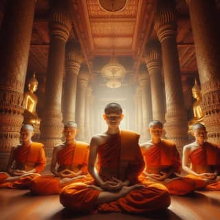 buddhist monks meditating in a temple