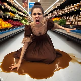 in a brown dress sitting on the floor in a supermarket aisle