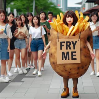 dressed as a potato holding a sign that says fry me