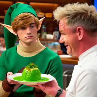 in elf costume is holding a plate of food