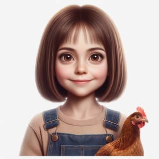 a girl with brown hair and a chicken