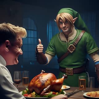 in a green costume is giving a thumbs up to a turkey