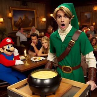 in a green costume is holding a bowl of soup