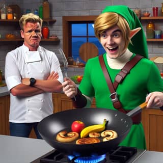 in a green costume and in a red costume cooking