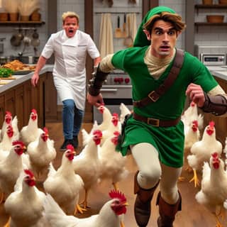 in a green shirt running through a kitchen with chickens