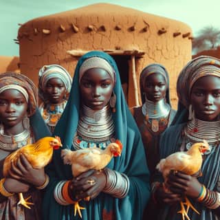 a group of women in traditional clothing holding chickens