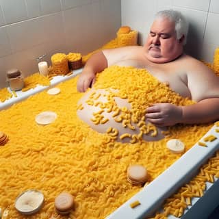 is laying in a tub full of macaroni and cheese