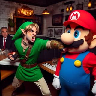 in a mario costume is fighting with a nintendo character