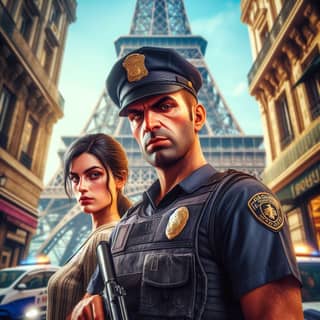 the police officer and the woman in front of the eiffel tower