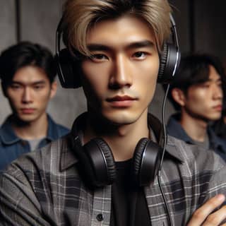 a group of young men wearing headphones