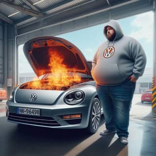 in a hoodie standing next to a volkswagen beetle