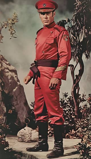 in a red uniform posing for a photo