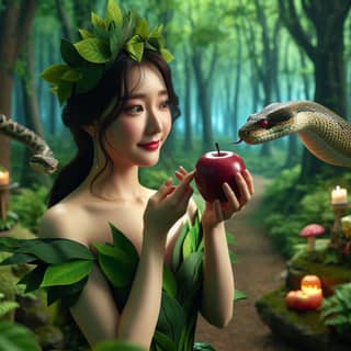 woman in a green dress holding an apple