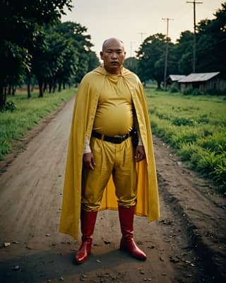 Seorang pria dengan jubah kuning berdiri di jalan tanah.