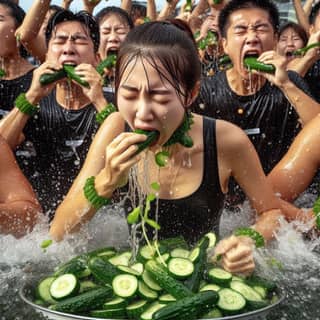 a group of people eating cucumbers in the water