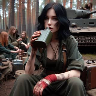 in military clothes sitting in front of a tank