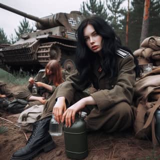 in military uniform sitting next to a tank