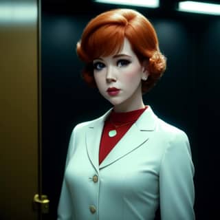 with red hair and a white suit