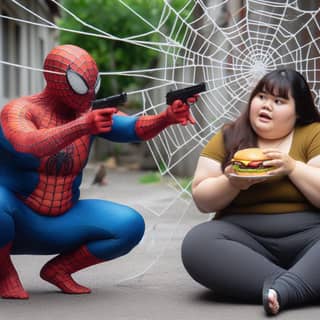 Una persona vestita con un costume di Spider-Man seduta per terra con un hamburger.