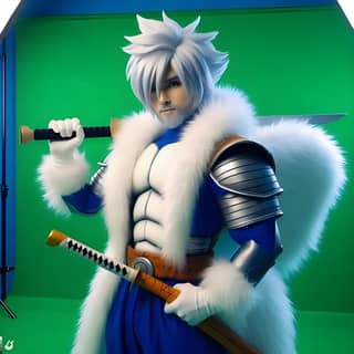 in a white fur coat holding two swords