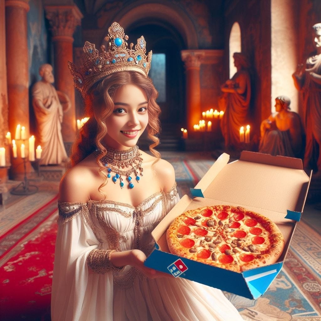 woman in a crown holding a pizza