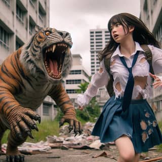 Une fille en uniforme scolaire court à côté d'un tigre.