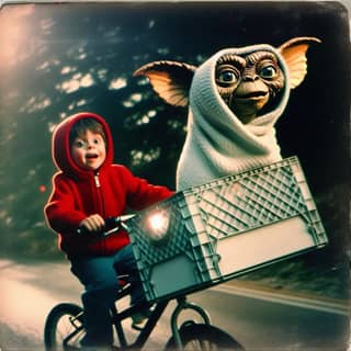 Uma criança anda de bicicleta com um boneco do Yoda.