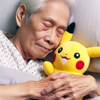 an elderly man is holding a pikachu plush toy