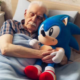 an elderly man sleeping with a sonic plush toy