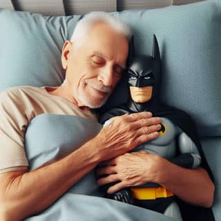 Boneka Batman di atas ranjang bersama dengan pria tua.