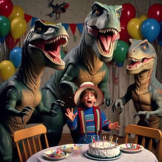 a boy in a dinosaur costume is sitting at a table with three t-rexes