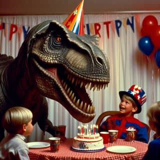 a t-rex is sitting on a table with a birthday cake