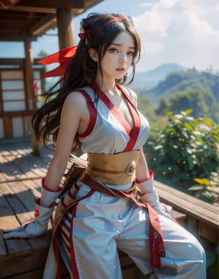 in a costume posing on a wooden deck