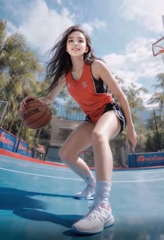 a girl in an orange shirt and black shorts is holding a basketball