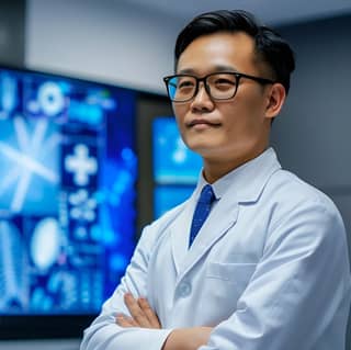 a male doctor in a white lab coat