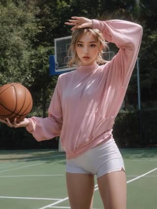 in a pink sweatshirt and shorts holding a basketball