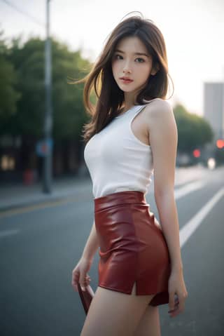in a red leather skirt