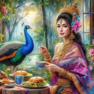 thai woman in traditional dress with a peacock