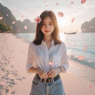 woman in a white shirt and denim shorts standing on the beach