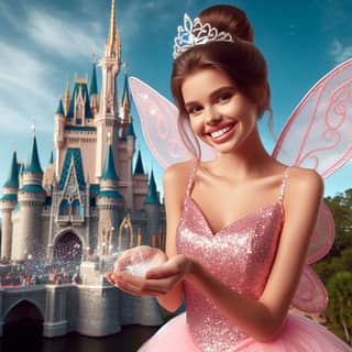 in a pink dress with a fairy in front of a castle