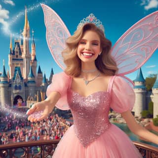 in a pink fairy costume with a castle in the background